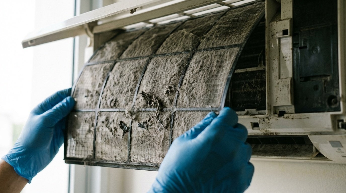 Filtro de aire acondicionado completamente obstruido con polvo y suciedad siendo retirado