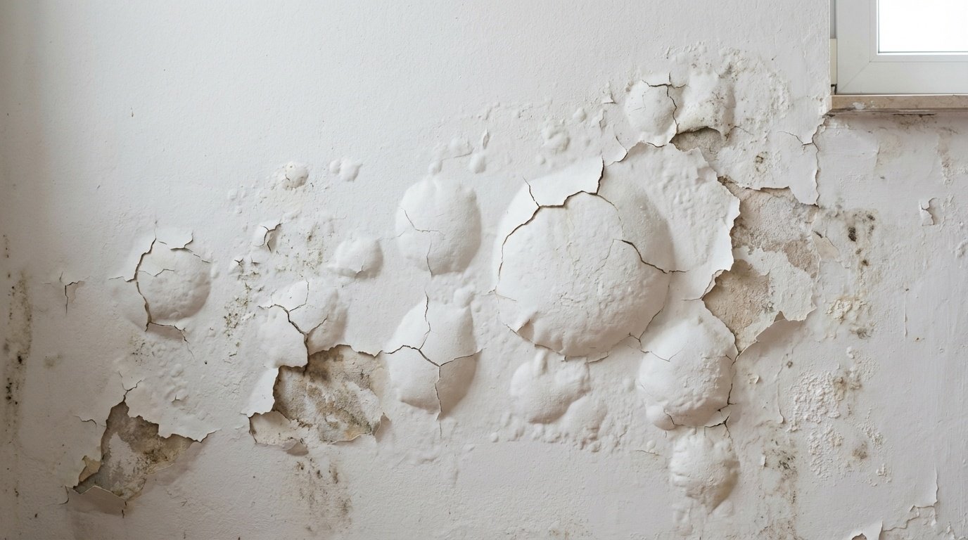 Pared con burbujas y ampollas en la pintura por problemas de humedad