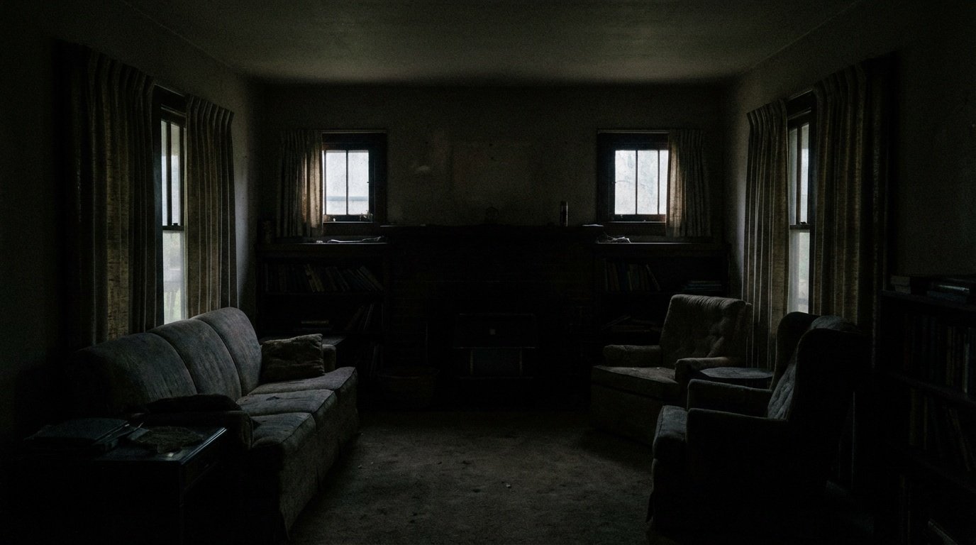 Interior de una casa oscura con poca luz natural, mostrando ambiente sombrío que requiere mejoras de iluminación