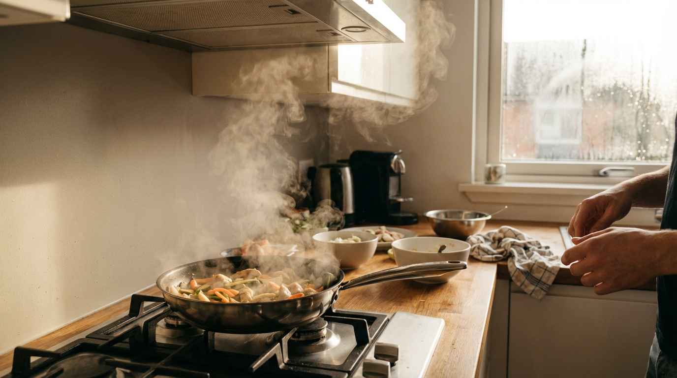 Cocina moderna con vapor visible de la cocción, mostrando cómo los olores se generan al cocinar