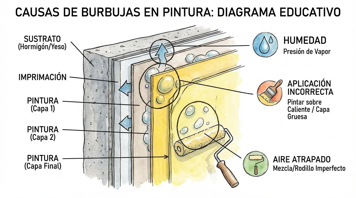 Diagrama educativo mostrando las capas de pintura y causas de burbujas