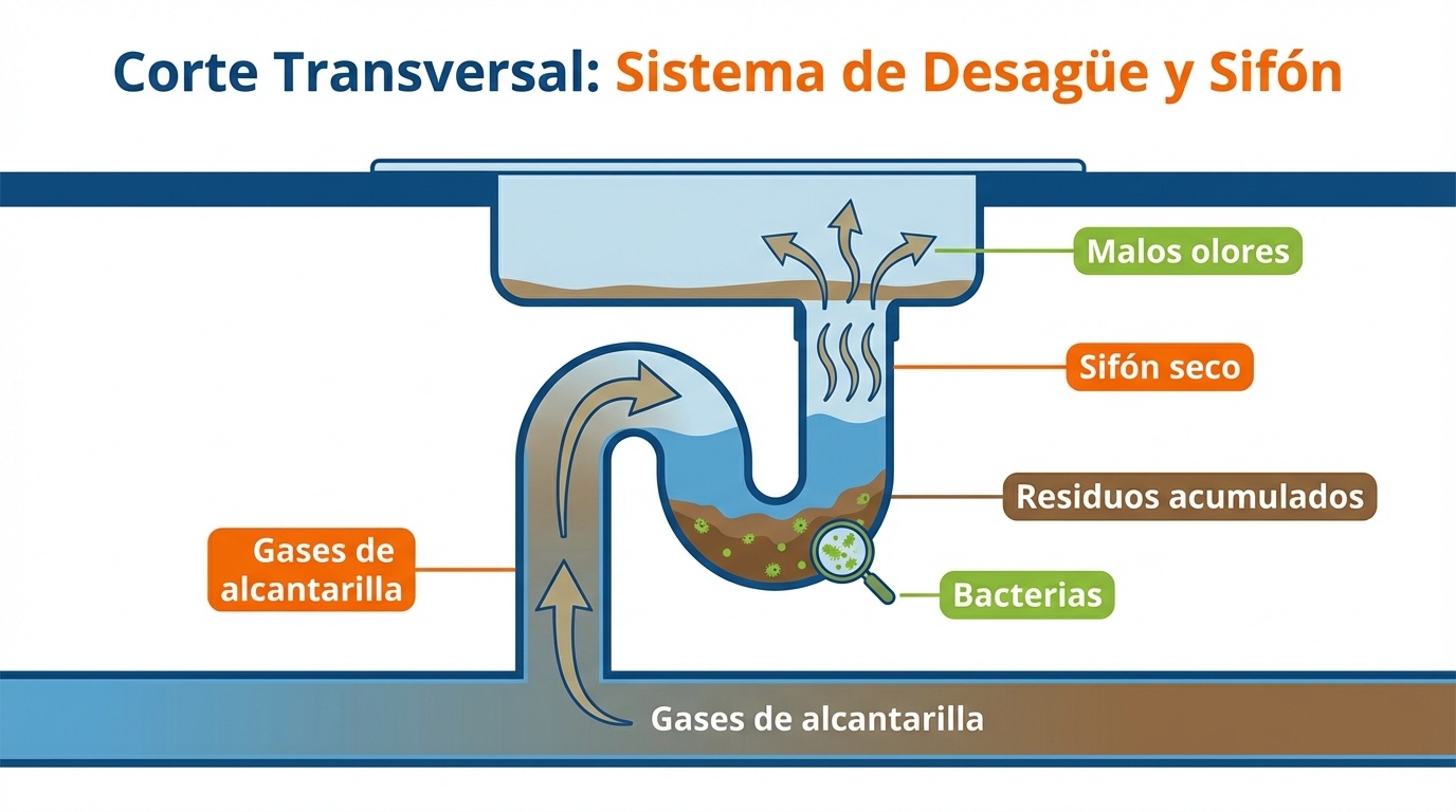 Diagrama educativo mostrando sección de tubería con sifón, indicando acumulación de residuos, sifón seco, bacterias y gases de alcantarilla