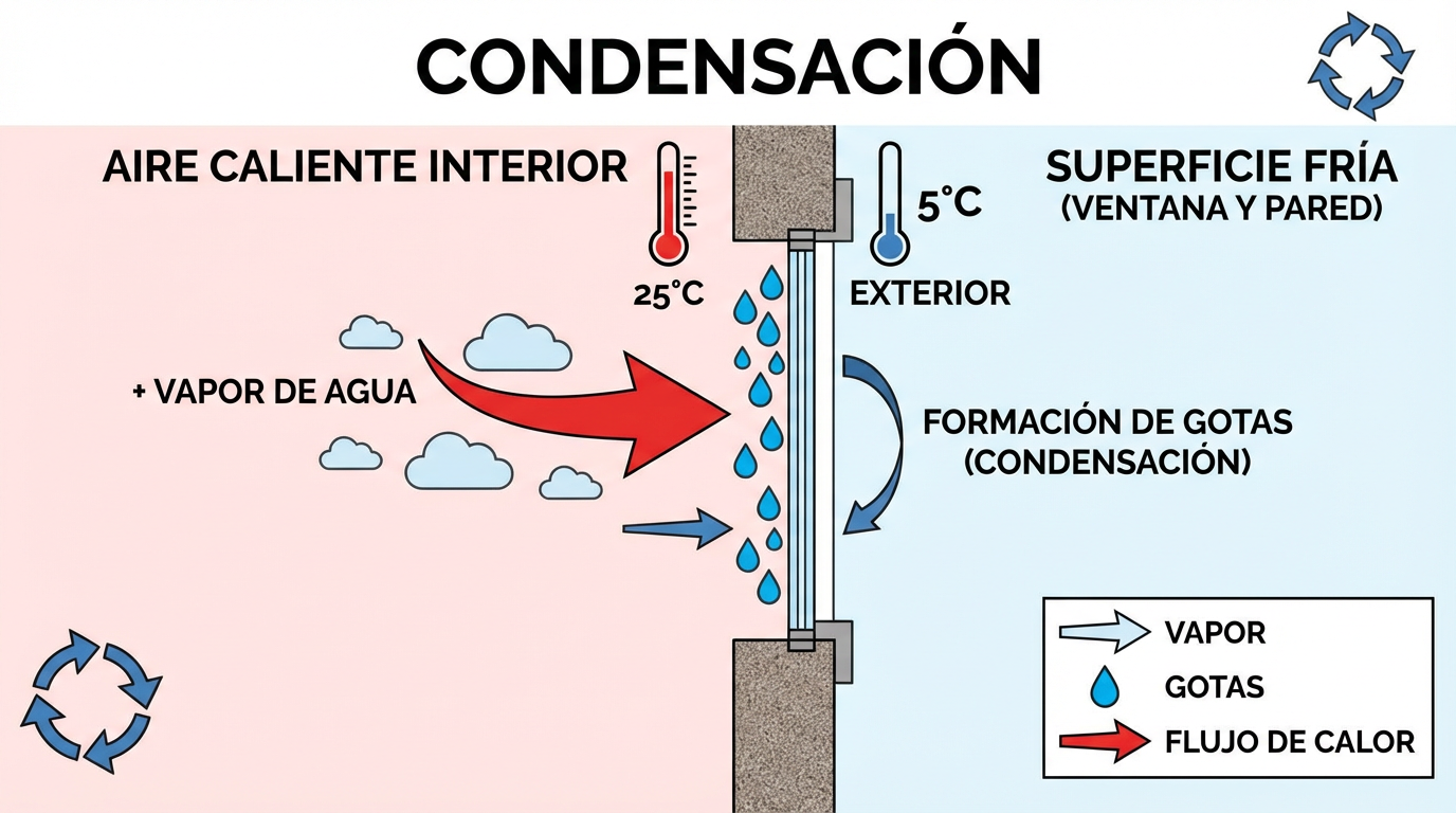 Diagrama técnico explicando el proceso de condensación en paredes y ventanas