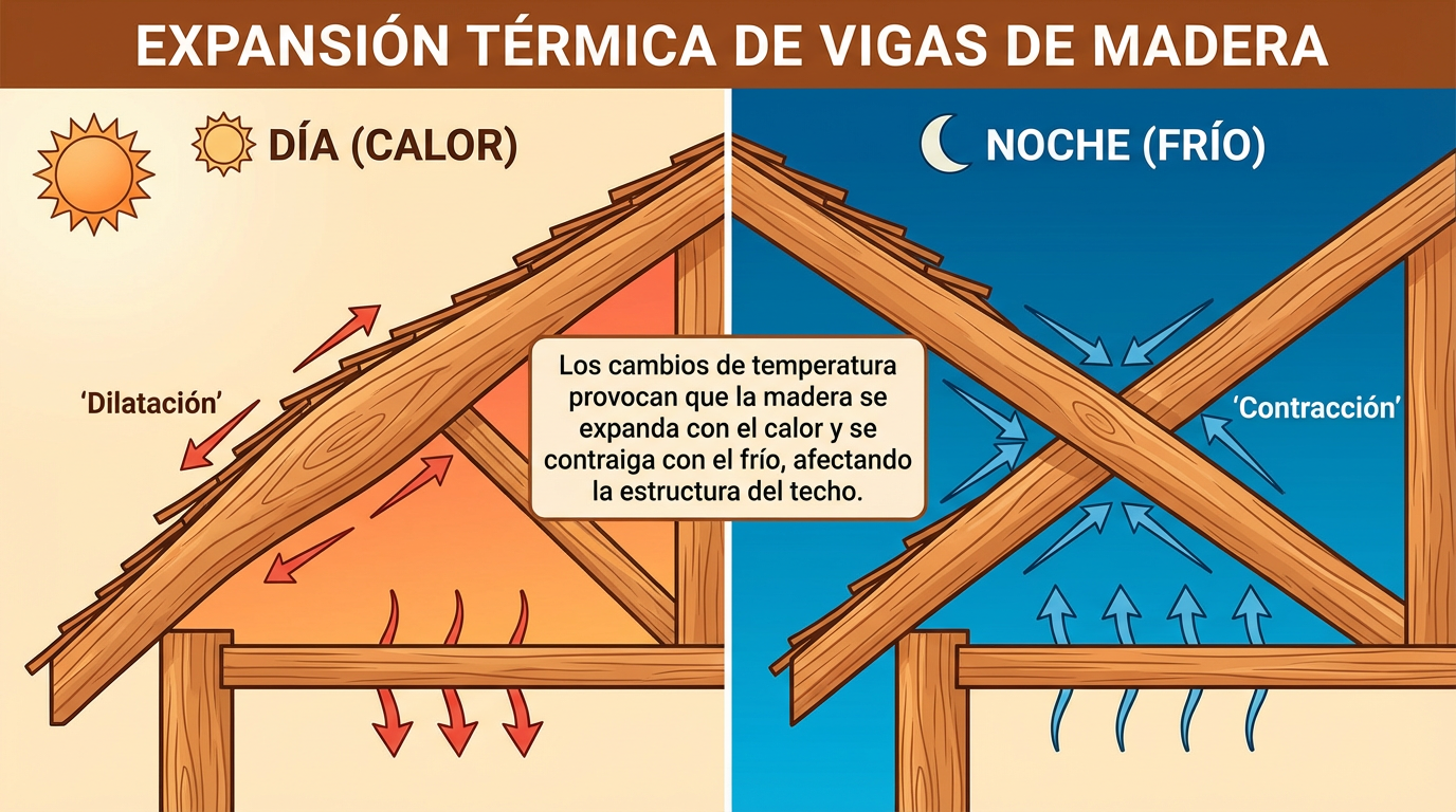 Diagrama educativo mostrando la dilatación y contracción térmica de las vigas del techo entre día y noche