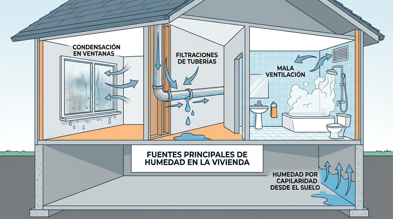 Diagrama educativo de las principales fuentes de humedad en una vivienda