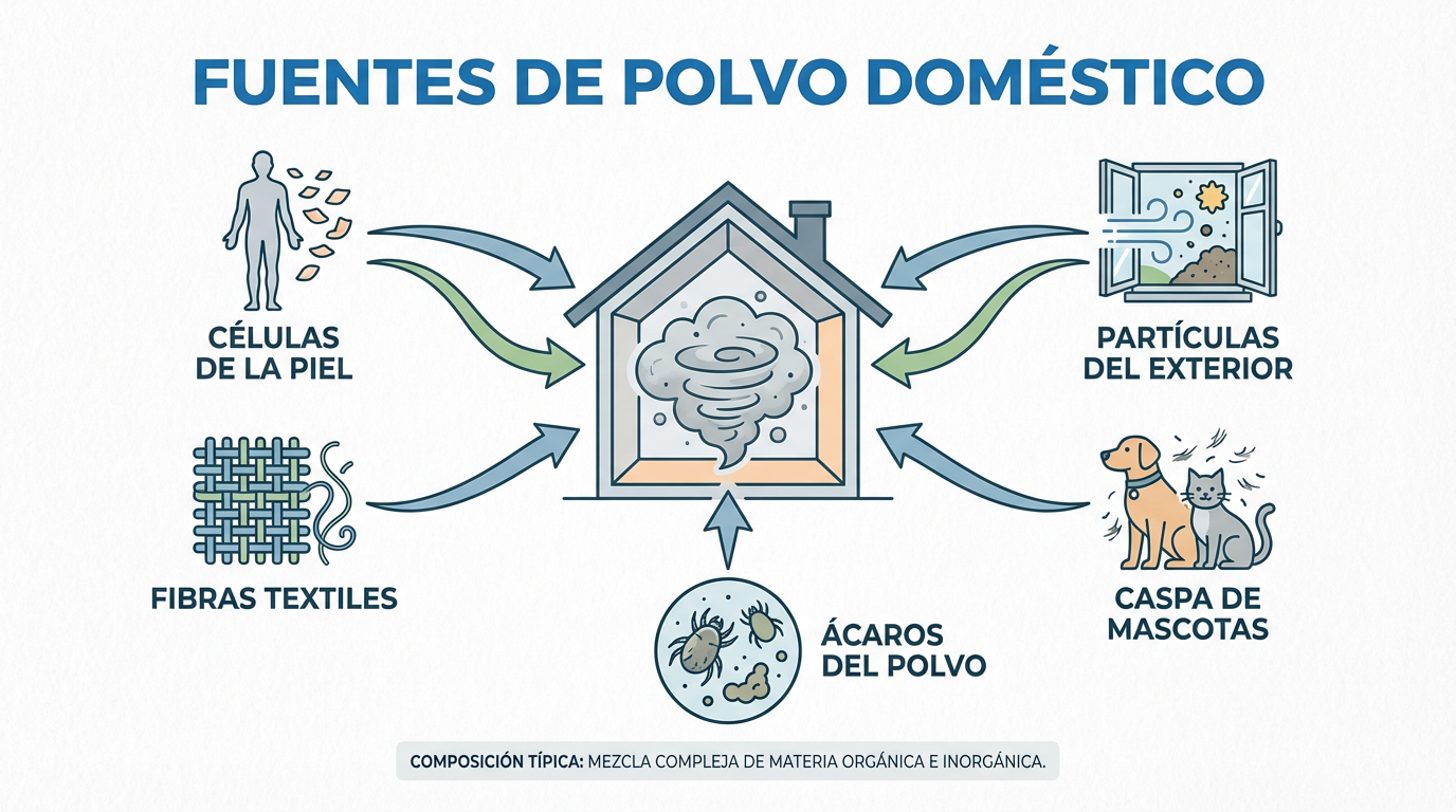 Diagrama educativo mostrando las principales fuentes de polvo doméstico