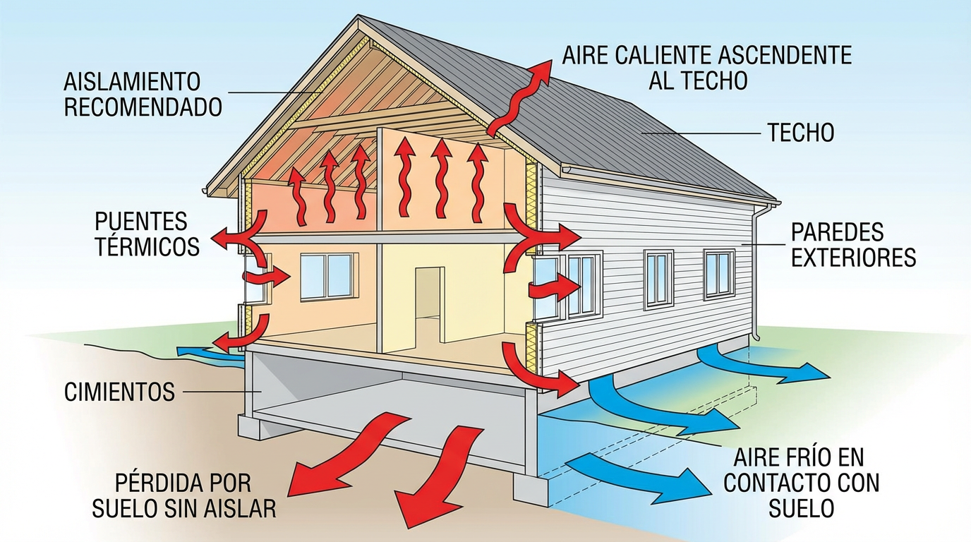 Diagrama técnico mostrando pérdida de calor por suelo sin aislar y aire caliente ascendiendo