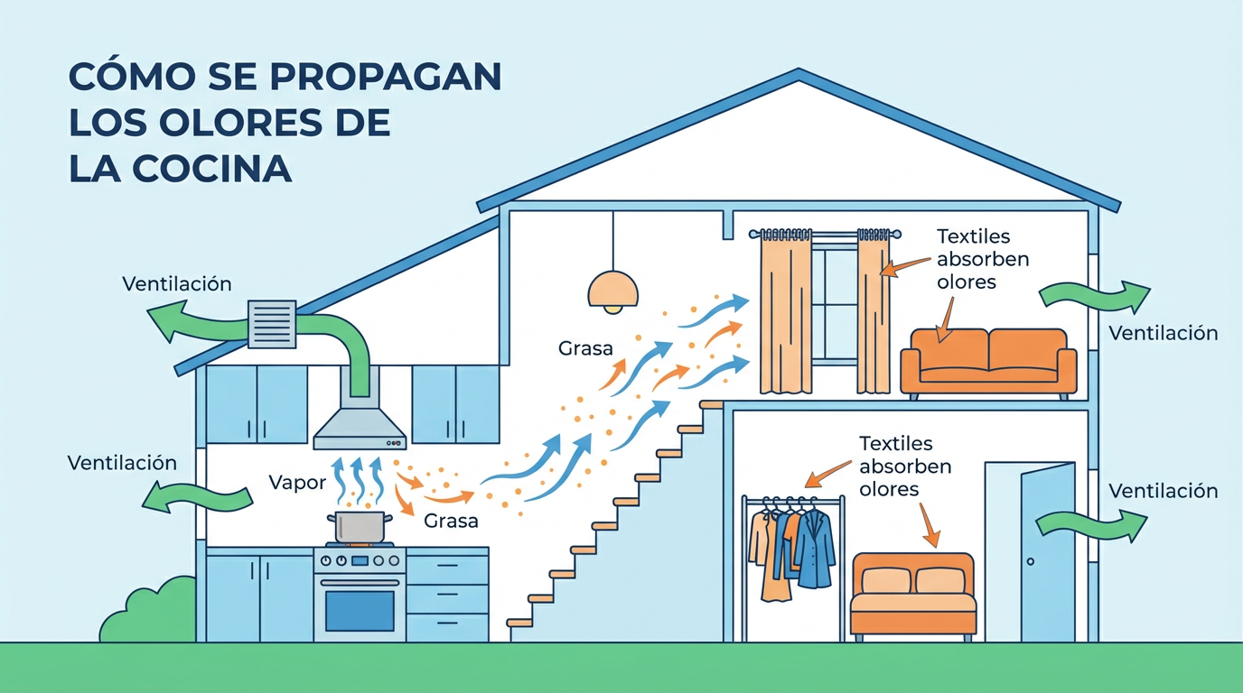 Diagrama educativo mostrando cómo se propagan los olores de cocina por la casa a través del vapor y textiles