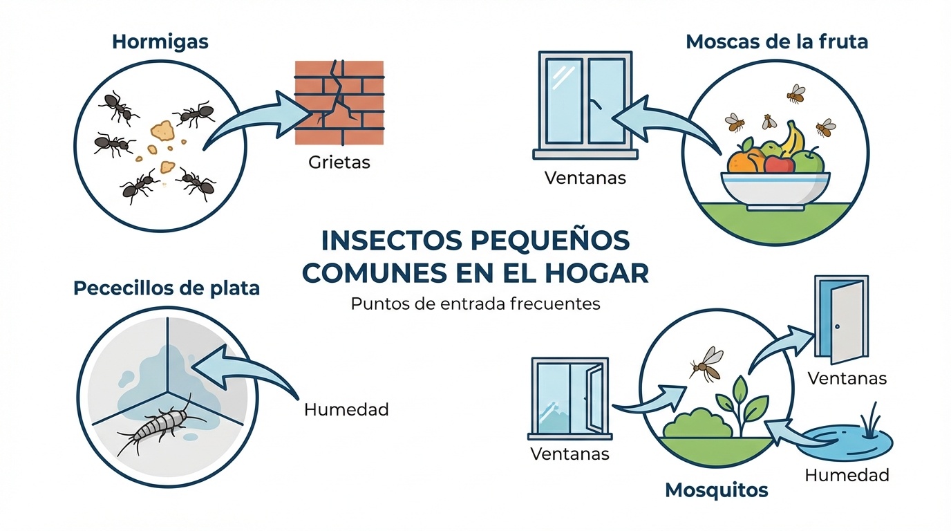 Diagrama educativo mostrando tipos comunes de insectos pequeños en hogares y sus puntos de entrada