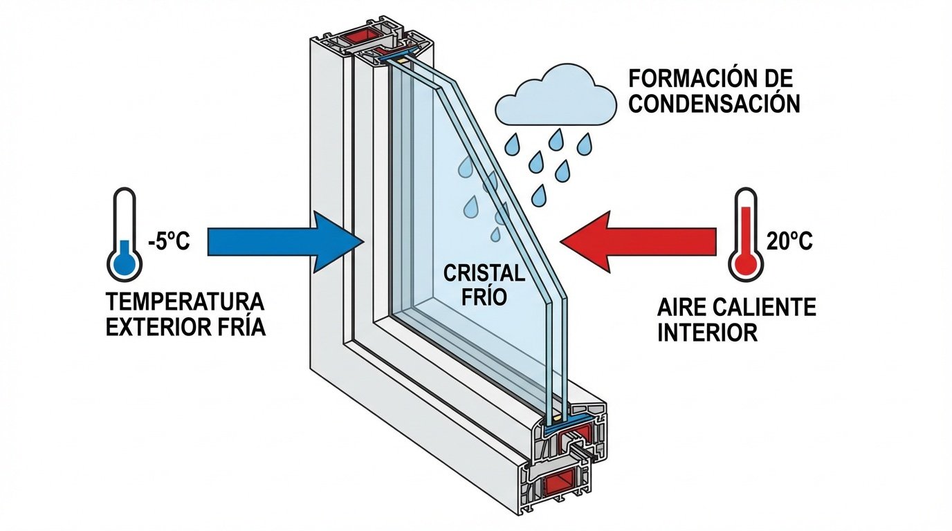 Diagrama técnico de transferencia térmica y condensación en ventanas