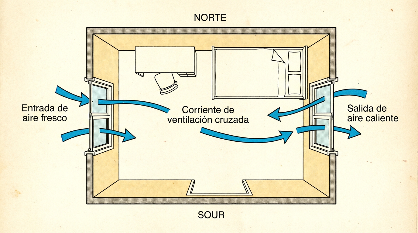 Diagrama de ventilación cruzada mostrando el flujo correcto de aire
