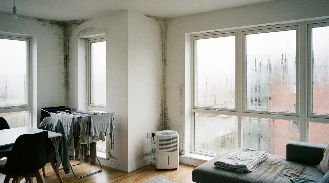 Interior de casa con signos de humedad: manchas en paredes y condensación en ventanas