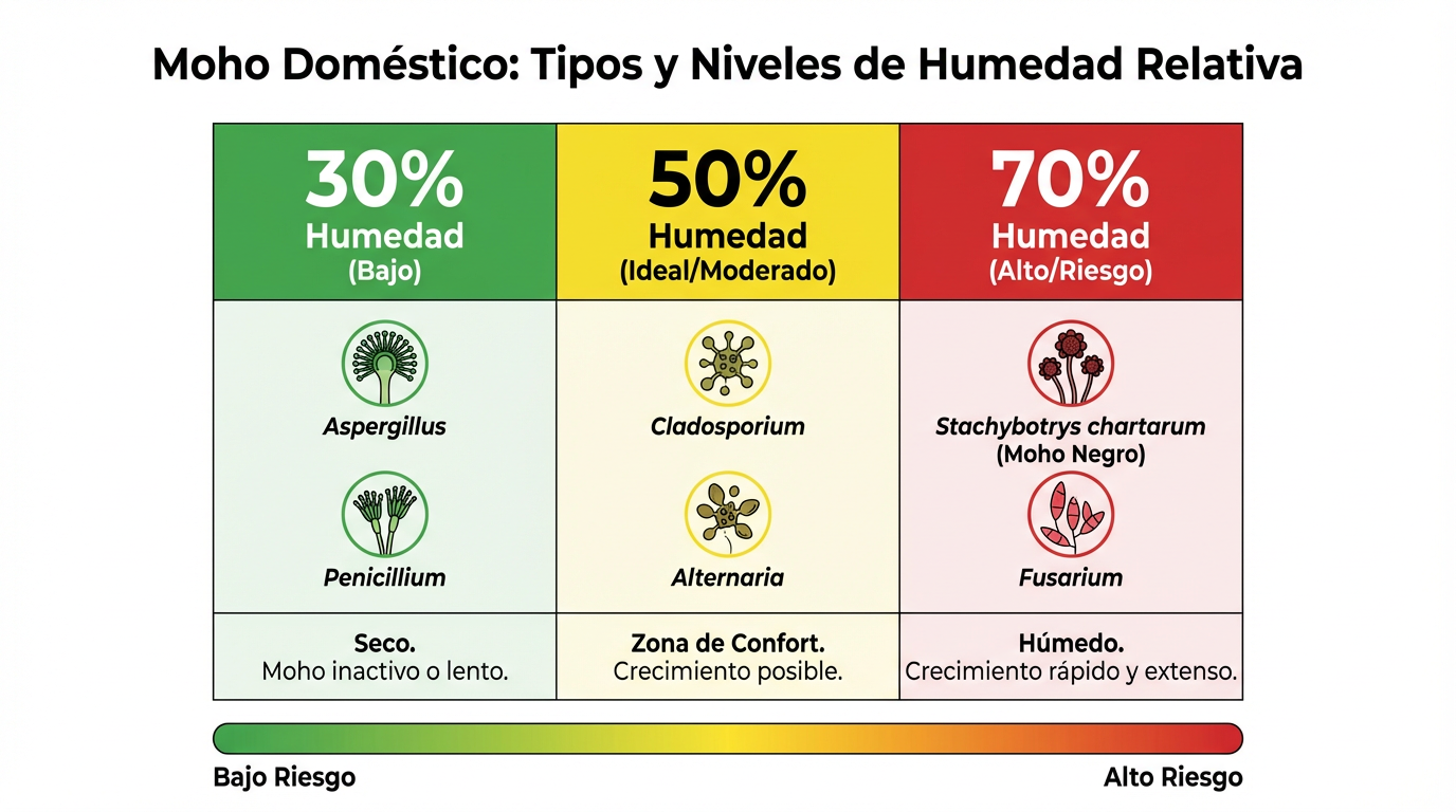 Infografía educativa sobre tipos de moho y niveles de humedad relativa
