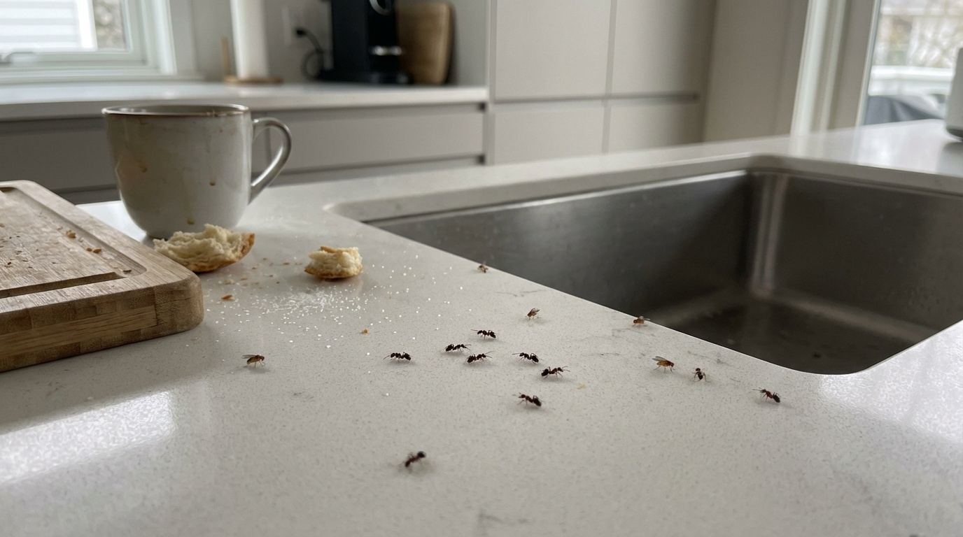 Insectos pequeños en cocina moderna cerca de áreas de comida y humedad