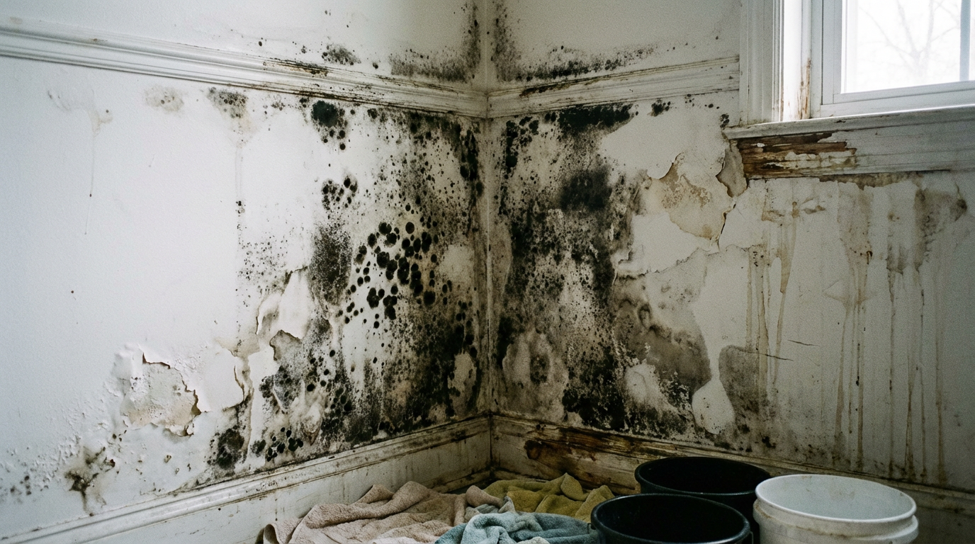 Esquina de habitación con manchas negras de moho visible en las paredes