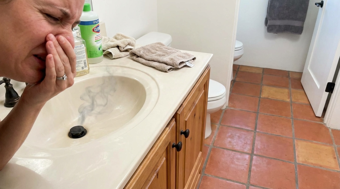 Lavabo de baño con olor desagradable visible, persona tapándose la nariz mostrando molestia por mal olor a tubería