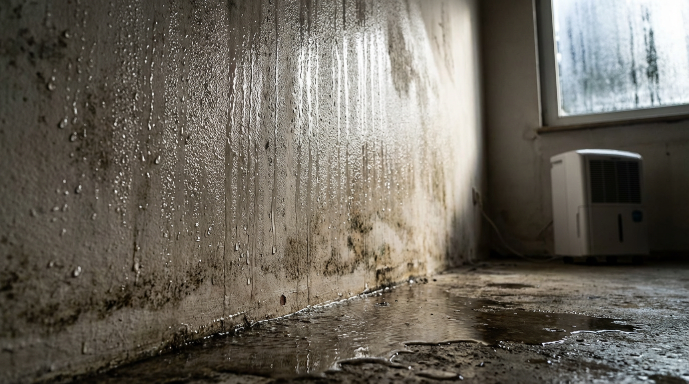 Pared interior con gotas de agua por condensación, humedad visible