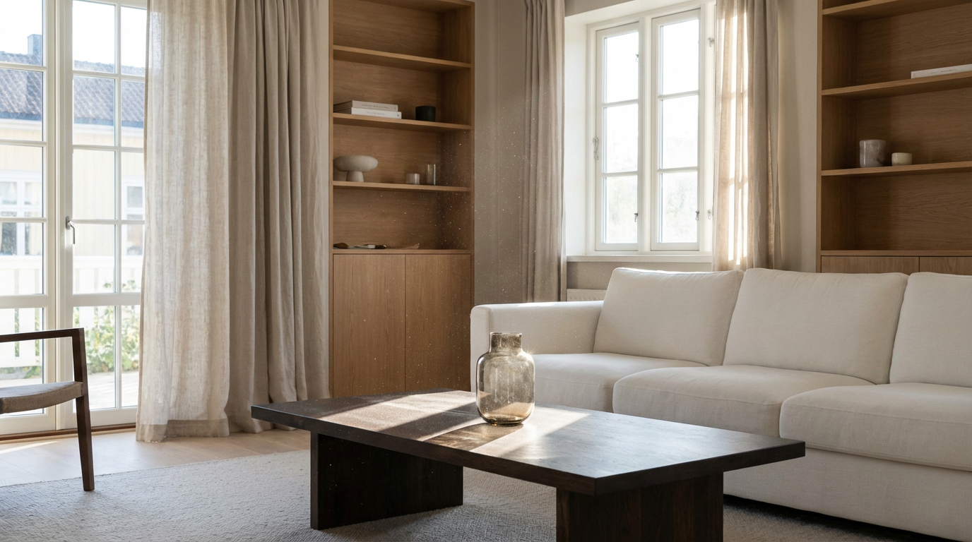 Partículas de polvo visibles flotando en rayo de luz en sala moderna limpia