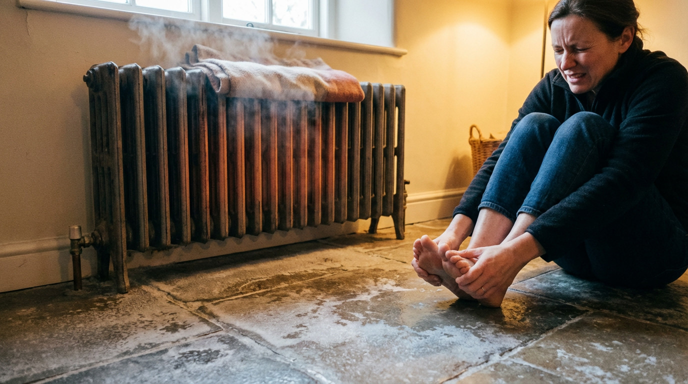 Habitación con calefacción encendida pero suelo frío, contraste térmico visible
