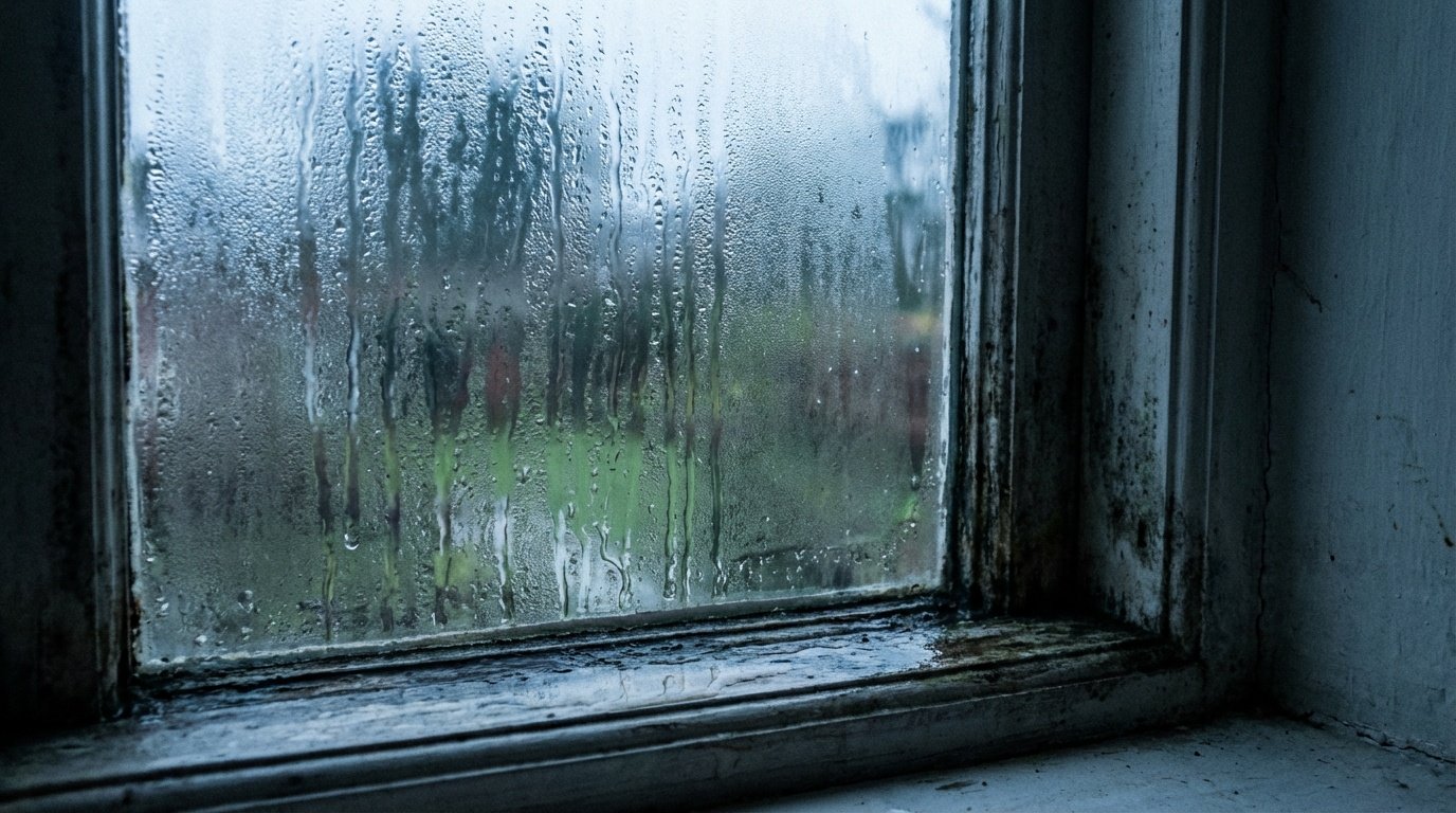 Ventana con gotas de condensación en el interior del cristal