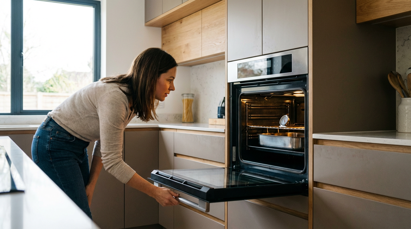 Persona inspeccionando el interior de un horno moderno en una cocina contemporánea
