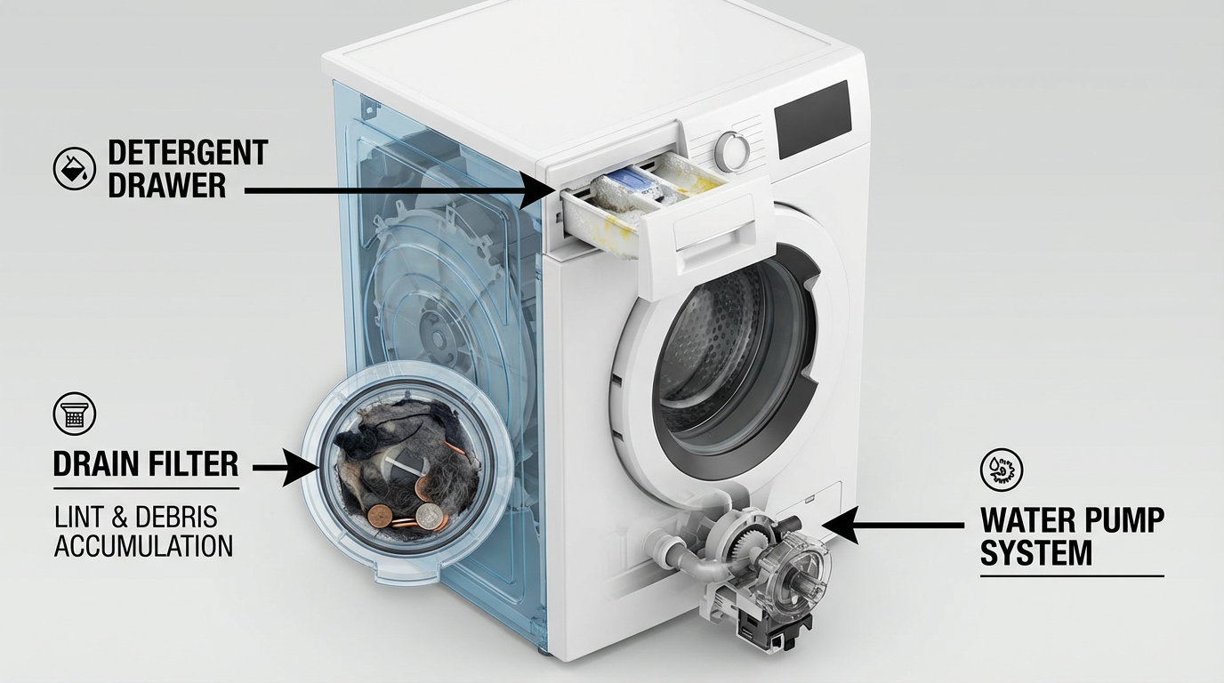 Diagrama de componentes internos de lavadora mostrando cajón de detergente, filtro y bomba