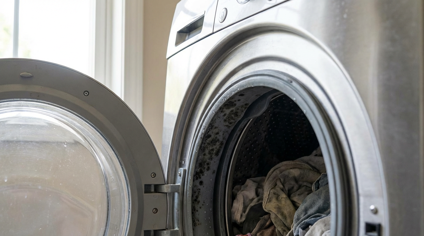 Goma de lavadora con acumulación visible de humedad y moho en los pliegues