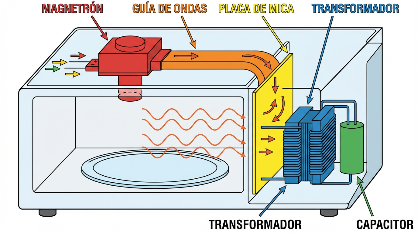 Diagrama esquemático mostrando componentes internos del microondas con etiquetas