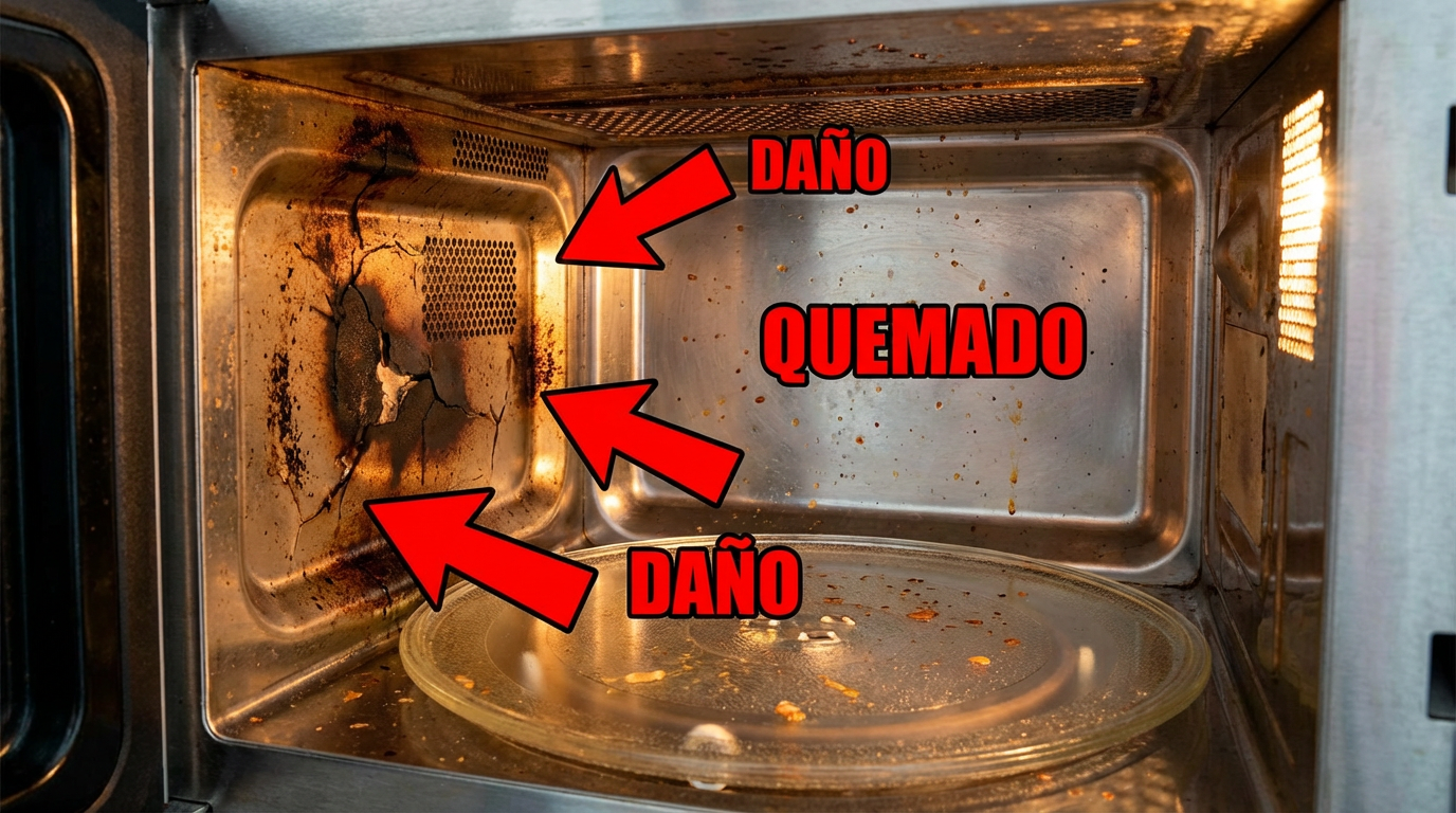 Interior de microondas mostrando placa de mica con manchas negras y quemaduras evidentes