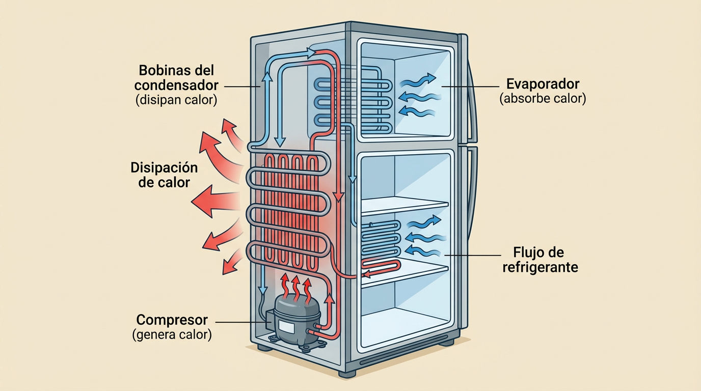 Diagrama técnico del sistema de refrigeración mostrando compresor, condensador, evaporador y flujo de refrigerante